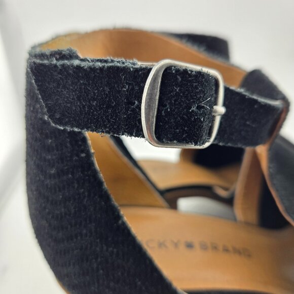 Lucky Brand Baxley Black Suede Bootie Sandals | Size 7M Peep Toe Ankle Strap - Picture 7 of 13